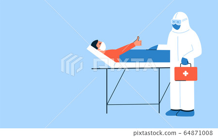 Modern vector illustration in flat style. Happy patient talking to doctor in white hazmat suit. Man in hospital ward lying in bed. Thank you doctors and nurses. Coronavirus COVID-19. Place for text Modern vector illustration in flat style. Happy patient talking to doctor in white hazmat suit. Man in hospital ward lying in bed. Thank you doctors and nurses. Coronavirus COVID-19. Place for text 64871008