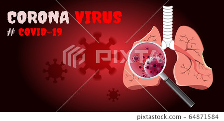 Damaged from Coronavirus cells with magnifying glass inspecting the affected on lung. 2019-nCoV concept. 64871584