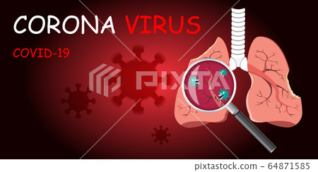 Damaged from Coronavirus cells with magnifying glass inspecting the affected on lung. COVID-19 with scary and evil face eating lung. 2019-nCoV concept. Damaged from Coronavirus cells with magnifying glass inspecting the affected on lung. COVID-19 with scary and evil face eating lung. 2019-nCoV concept. 64871585