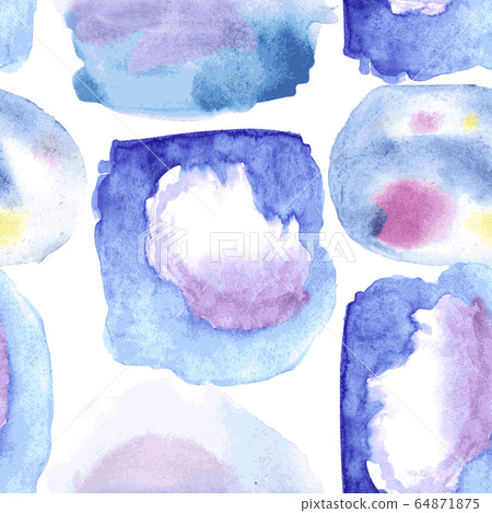 Geometric watercolor seamless pattern with colorful shapes. Ornament in geometric modern style. Splash watercolor texture background. Blue, purple, pink and yellow drawing wallpaper. Vector 64871875