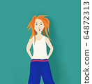 teenager red hair girl in casual clothes drawing isolated on blue wall background 64872313