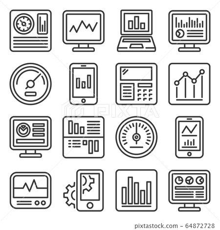 Dashboard with Graphs and Charts Icons Set. Line Style Vector Dashboard with Graphs and Charts Icons Set. Line Style Vector 64872728