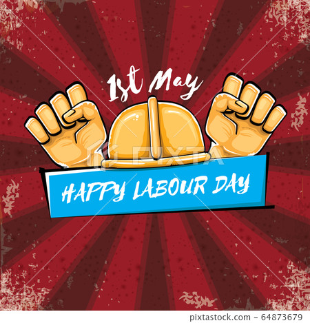 Happy labour day vector label with strong orange hand fist isolated on grunge red background with rays. vector happy labor day background with man hand. red workers may day poster design 64873679