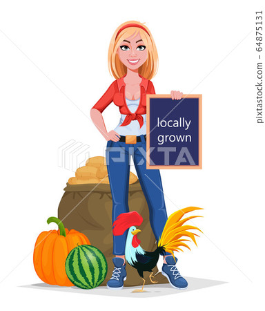 Happy smiling farm girl standing near harvest Happy smiling farm girl standing near harvest 64875131