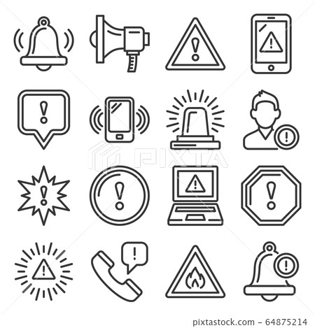 Alert Warning Ntification Icons Set on White Background. Line Style Vector Alert Warning Ntification Icons Set on White Background. Line Style Vector 64875214