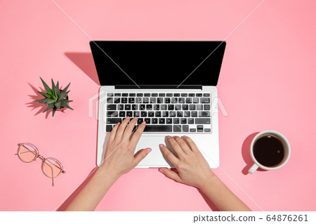 Hand using gadgets, device on top view, blank screen with copyspace, minimalistic style Hand using gadgets, device on top view, blank screen with copyspace, minimalistic style 64876261