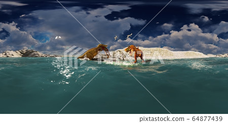 Dinosaurs Jurassic prehistoric scene 3d rendering Dinosaurs Jurassic prehistoric scene 3d rendering 64877439