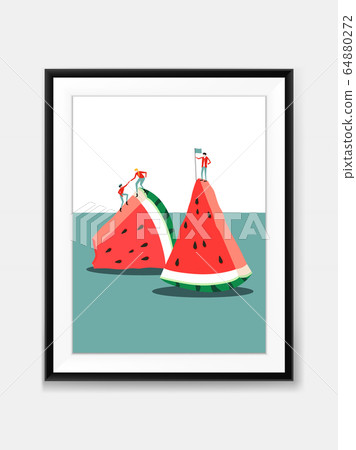 Vector Mini People and Watermelon Painting on Wall with Black Frame 64880272