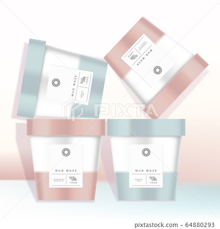 Vector Recyclable Ice Cream Paper Cup Jar or Mug for Food, Snack, Cosmetics and Skincare Products, Pastel Gradient Mud Mask Packaging Design 64880293