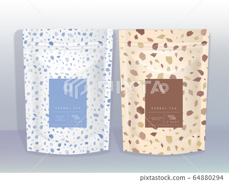 Vector White & Brown Kraft Paper Resealable Sachet or Pouch with Marble Stone Themed Design 64880294