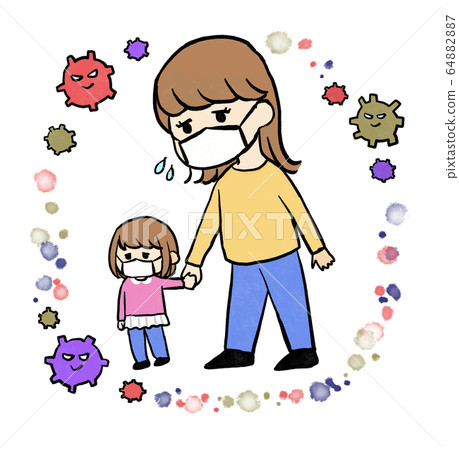 父母和孩子戴著口罩和病毒 64882887