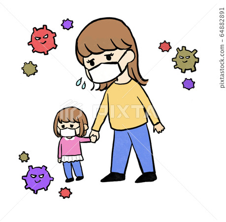 父母和孩子戴著口罩和很少的病毒 64882891