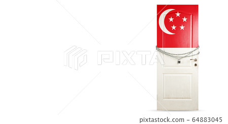 Door colored in Singapore flag, locking with chain. Countries lockdown during coronavirus, COVID spreading 64883045