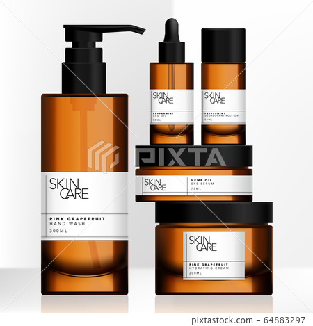 Vector Tinted Brown Glass or Plastic Jar, Pump Bottle, Dropper Bottle Package Set with Minimalist Wrap Around Label Design Vector Tinted Brown Glass or Plastic Jar, Pump Bottle, Dropper Bottle Package Set with Minimalist Wrap Around Label Design 64883297