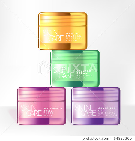 Vector Translucent Pink, Green, Purple and Yellow Glass or Plastic Beauty or Skincare Screw Lid Jar Packaging Vector Translucent Pink, Green, Purple and Yellow Glass or Plastic Beauty or Skincare Screw Lid Jar Packaging 64883300