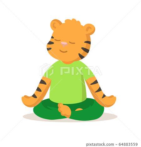Cute smiling tiger sitting in lotus position, cartoon character. Flat vector illustration, isolated on white background. 64883559