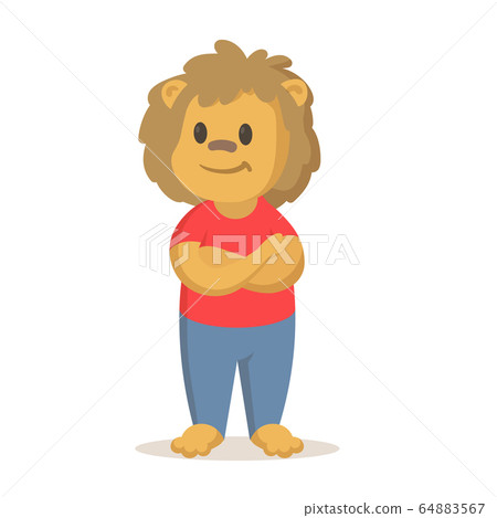 Funny lion standing with his arms crossed, cartoon character. Flat vector illustration, isolated on white background. 64883567