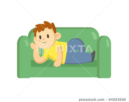 Boy lying on a green couch relaxing. Flat vector illustration, isolated on white background. 64883606