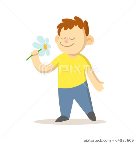 Little boy with daisy flower in his hand. Flat vector illustration, isolated on white background. 64883609