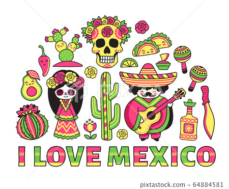 Travel to Mexico. Banner, poster, postcard with traditional national symbols. Travel to Mexico. Banner, poster, postcard with traditional national symbols. 64884581