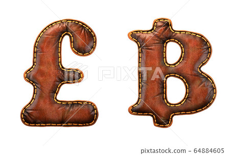 Set of symbols lira and baht made of leather. 3D render font with skin texture isolated on white background. Set of symbols lira and baht made of leather. 3D render font with skin texture isolated on white background. 64884605
