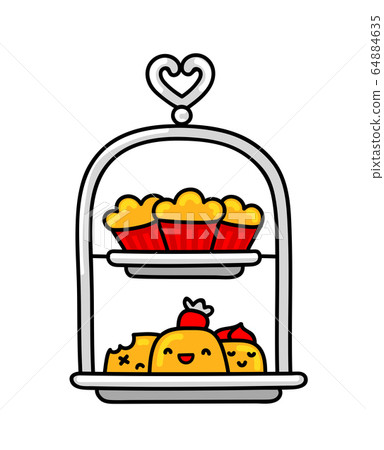 English tiered serving tray with desserts. English tiered serving tray with desserts. 64884635