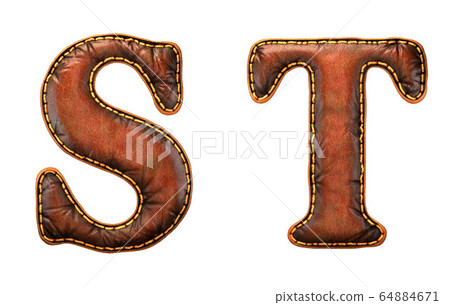 Set of leather letters S, T uppercase. 3D render font with skin texture isolated on white background. Set of leather letters S, T uppercase. 3D render font with skin texture isolated on white background. 64884671