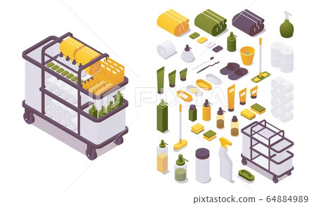 Isometric set hotel trolley or housemaid cart for 64884989