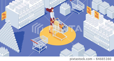 Quarantine girl shopping with supermarket trolley. Quarantine girl shopping with supermarket trolley. 64885160
