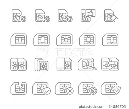 Set of SIM card line icons. 3G, 4G, 5G - network, mobile internet, EMV chip, cards slot, phone chip and more. 64886703