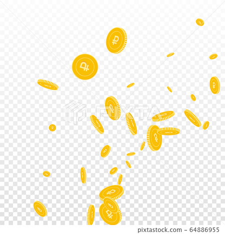 Russian ruble coins falling. Scattered disorderly Russian ruble coins falling. Scattered disorderly 64886955