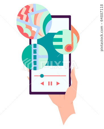 Hand holding smartphone with playing music on... - Stock Illustration ...