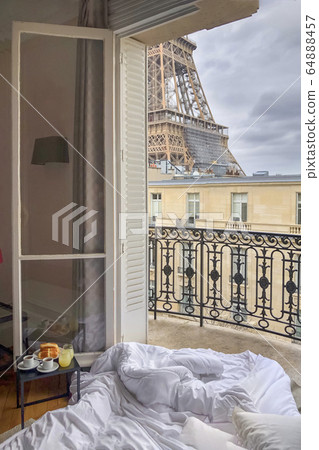 Window view of the Eiffel Tower with breakfast in Window view of the Eiffel Tower with breakfast in 64888457