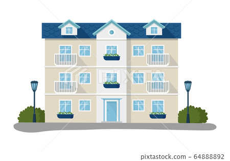 Modern house vector illustrations, cartoon flat home apartment, facade exterior of residential building set icons isolated on white 64888892