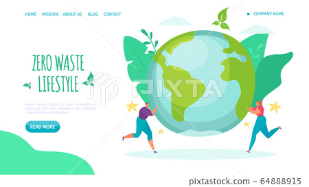 Zero waste lifestyle, landing vector illustration. Help environment lifestyle, reduce plastic and care about planet webpage. 64888915