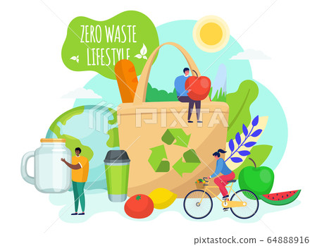 Zero waste lifestyle concept, vector illustration. People characters care about planet ecology, save environment. Fabric bag 64888916