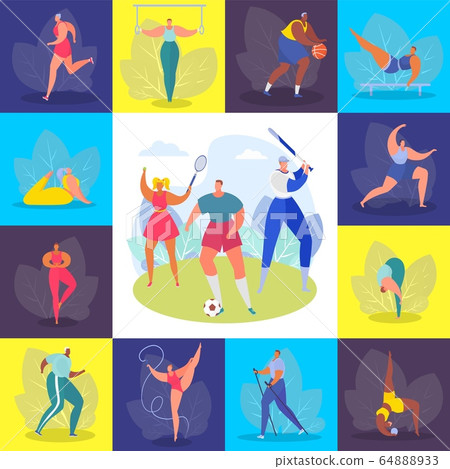 Sports people, training set vector illustration. Healthy hobby, profession and happy lifestyle. Athlete man woman character Sports people, training set vector illustration. Healthy hobby, profession and happy lifestyle. Athlete man woman character 64888933