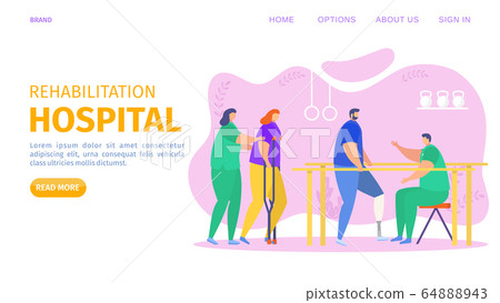 Rehabilitation hospital, clinical center landing vector illustration. People physical injuries therapy to restore health in gym. Rehabilitation hospital, clinical center landing vector illustration. People physical injuries therapy to restore health in gym. 64888943