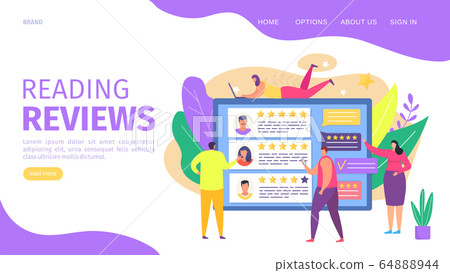 Reading reviews, webpage vector illustration. Screen display reviews about service and customer rating number stars, landing 64888944