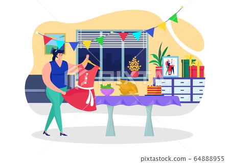 Preparing birthday celebration at home, vector illustration. Woman decorate room for party, holiday event. Character hold dress 64888955