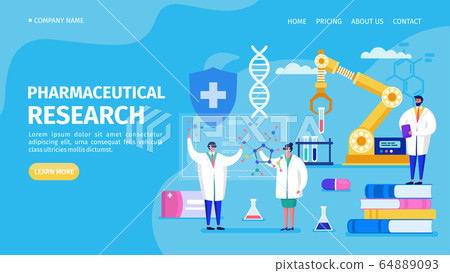 Pharmaceutical research in labaratory, landing vector illustration. Medical chemical experiment, work with dna, molecules Pharmaceutical research in labaratory, landing vector illustration. Medical chemical experiment, work with dna, molecules 64889093