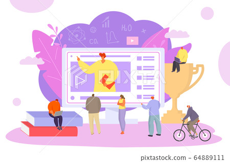 People online science education, vector illustration. Knowledge coureses from computer, didgital university. Man and woman 64889111
