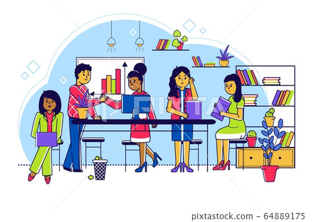 Training education at class, line vector illustration. Man and woman character in office, lesson for development business work 64889175