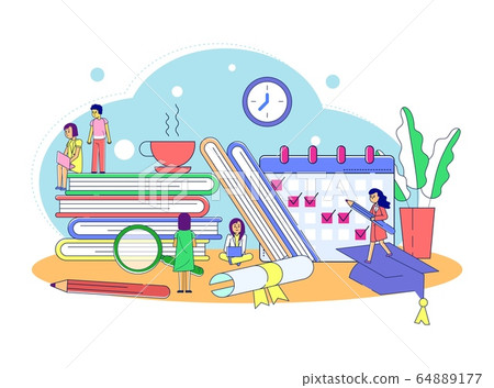 Learning process concept, line vector illustration. People character study new information by book and laptop. Planning education 64889177