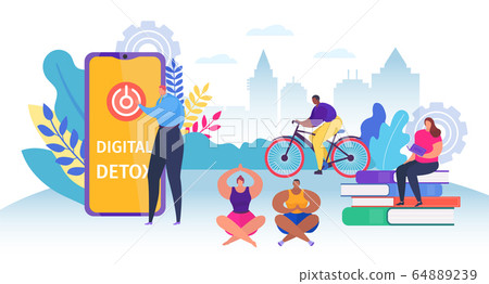Digital detox young people group, vector illustration. Character exit smartphone, offline communication and resting by yoga Digital detox young people group, vector illustration. Character exit smartphone, offline communication and resting by yoga 64889239