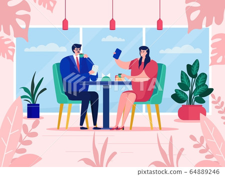 Couple use gadgets at cafe, vector illustration. Man woman character sitting table restaurant, romantic date. Girl make selfie 64889246