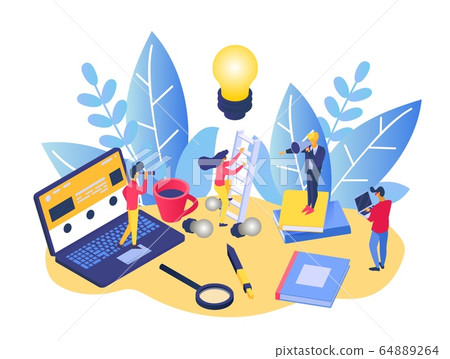 Business people creative teamwork, vector illustration. Business meeting on table, character planning project marketing. 64889264