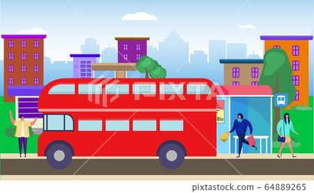 Bus stop residential area vector illustration. Transportation passengers in city. Woman with purchases comes into transport. 64889265