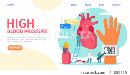 High blood pressure measuring, landing vector illustration. Cardiology disease, tonometer medical equipment. Doctor hypertension 64889319
