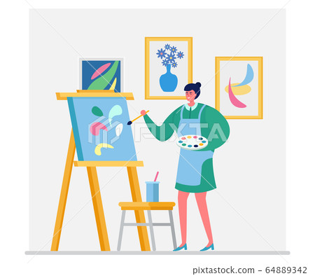 Woman artist draw picture, character female paint image isolated on white, flat vector illustration. Person painter hobby studio. 64889342